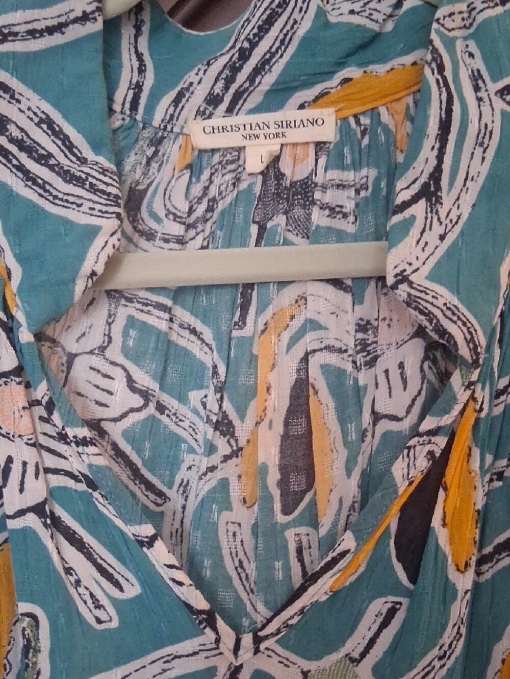 Christian Siriano Teal Floral  V-Neck Boho Style with Yellow And Green Accents - Picture 2 of 6